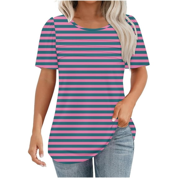 hotojiny Summer T Shirts for Women Casual Short Sleeve Crewneck Basic Tops Trendy Striped Loose Comfy Blouse