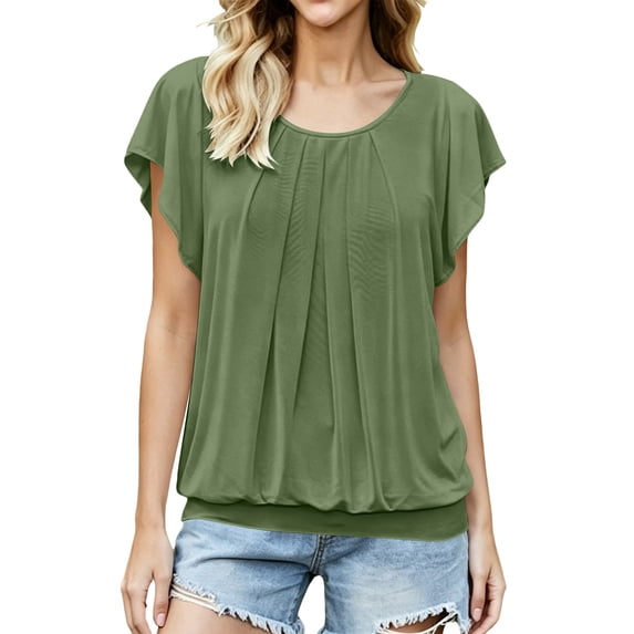 hotojiny Summer Top for Women Loose Fit Crew Neck Front Pleated Shirts Fashion Ruffle Short Sleeve Women's Blouse