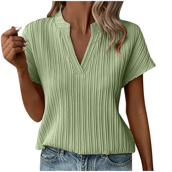 hotojiny Summer Tops Fashion Clothes Cap Short Sleeve Dressy Casual V Neck Basic T Shirts Textured Solid Work Blouse
