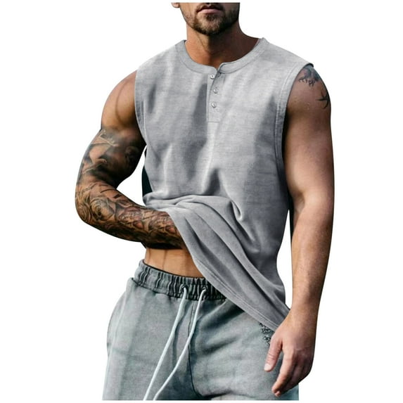 hotojiny Summer Tops Mens Shirts Sleeveless Washed Button Henley T-Shirt Casual Vintage Solid Tee Workout Athletic Top