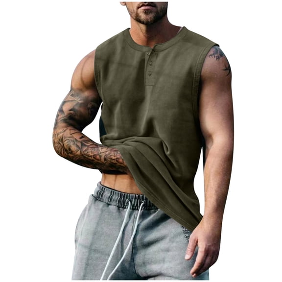 hotojiny Summer Tops Mens Shirts Sleeveless Washed Button Henley T-Shirt Casual Vintage Solid Tee Workout Athletic Top