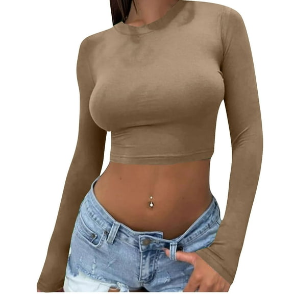 hotojiny Summer Tops for Women Fashion Slim Crew Neck Long Sleeve Shirt Solid Color Soft Comfy Cropped Tee Clothes