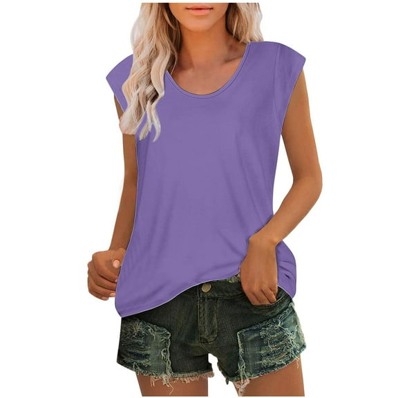 hotojiny Summer Tops for Women Cap Sleeve Crew Neck Basic Tee Shirts Casual Solid Color Loose Fit Tshirt Fashion Clothing