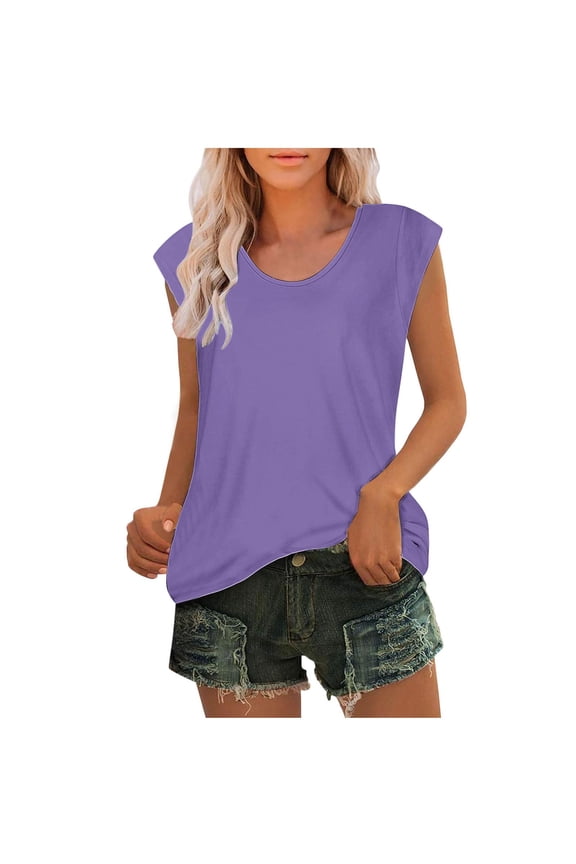Summer Tops for Women Cap Sleeve Crew Neck Basic Tee Shirts Casual Solid Color Loose Fit Tshirt Fashion Clothing