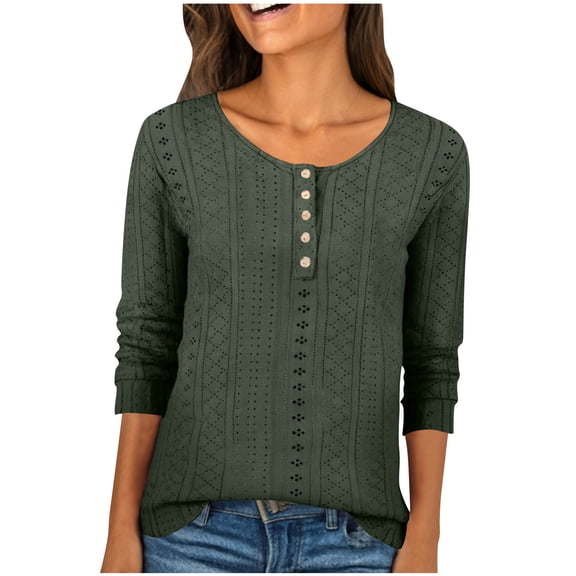 hotojiny Summer Tops for Women Eyelet Embroidery 3/4 Length Sleeve Beach Blouses Breathable Crewneck Button Henley Shirt