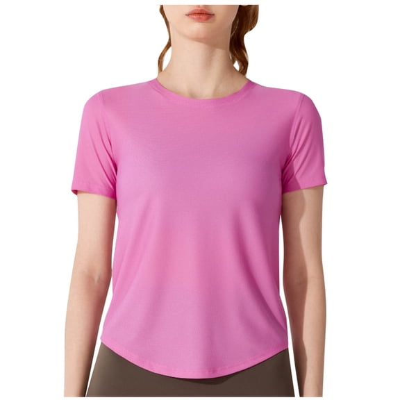 hotojiny Summer Tops for Women Solid Color Short Sleeve Curved Hem Workout Tee Loose Breathable Basic T-Shirts Athletic Gym Clothes