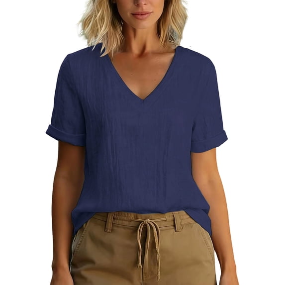 hotojiny Summer Tops for Women Trendy Rolled Short Sleeve Tshirts Breathable V Neck Loose Fit Tee Fashion Clothing