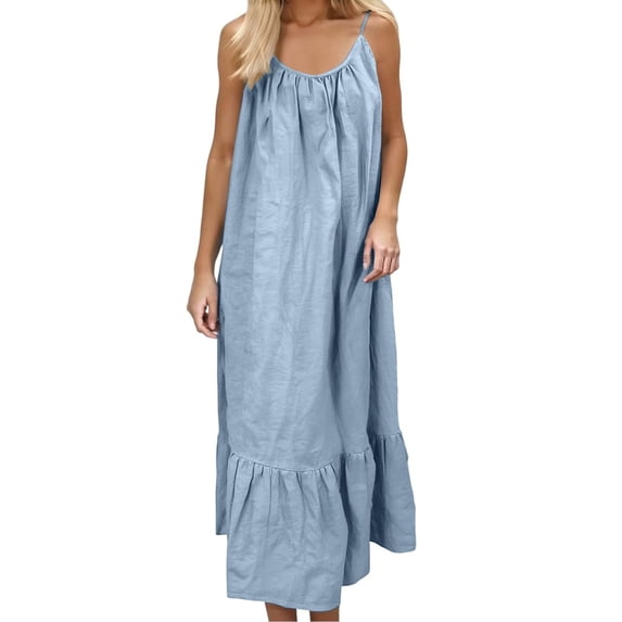 hotojiny Sundresses for Women Spaghetti Strap Ruffle Hem Cotton Linen Dresses U Neck Loose Fit Sleeveless Boho Long Dresses
