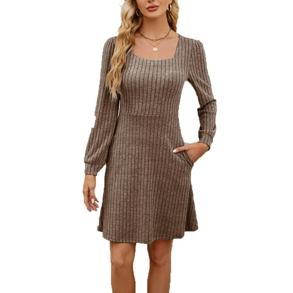 hotojiny Sweater Dress for Women Casual Long Sleeve Knitted Dress with Pockets Lounge Square Neck Fashion Dress