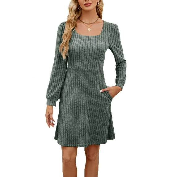 hotojiny Sweater Dress for Women Casual Long Sleeve Knitted Dress with Pockets Lounge Square Neck Fashion Dress