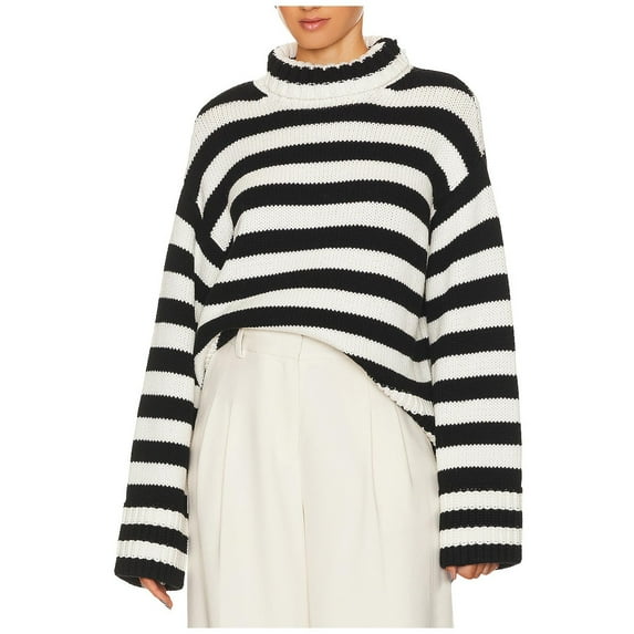 hotojiny Sweaters for Women Fashion Trendy Long Sleeve Turtleneck Pullover Striped Knit Sweater Tops