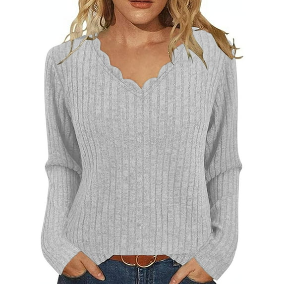 hotojiny Sweaters for Women Casual Long Sleeve Petal V Neck Lightweight Tunic Pullover Loose Fit Solid Color Knitted Tops