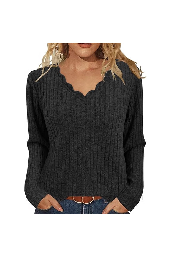 Sweaters for Women Casual Long Sleeve Petal V Neck Lightweight Tunic Pullover Loose Fit Solid Color Knitted Tops