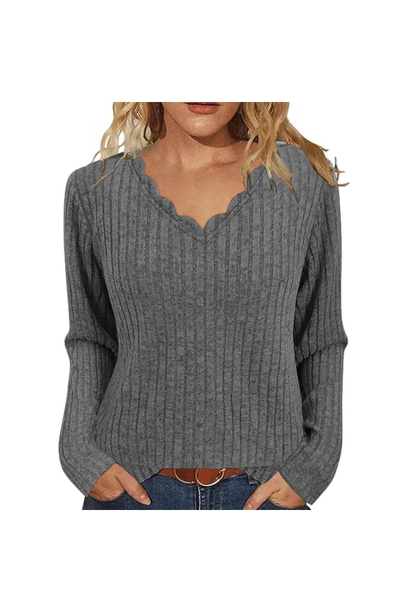 Sweaters for Women Casual Long Sleeve Petal V Neck Lightweight Tunic Pullover Loose Fit Solid Color Knitted Tops