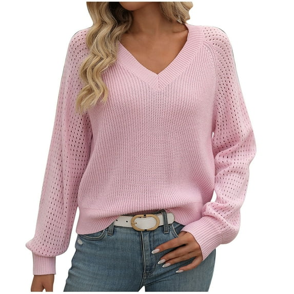 hotojiny Sweaters for Women Fall Long Sleeve V Neck Casual Pullover Tops Hollow Out Lightweight Loose Knit Sweater