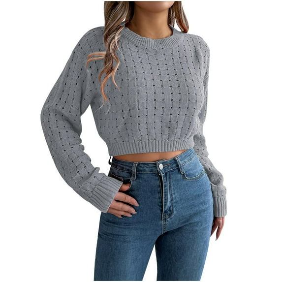 hotojiny Sweaters for Women Long Sleeve Hollow Out Casual Cropped Sweater Crew Neck Backless Knit Pullover Tops