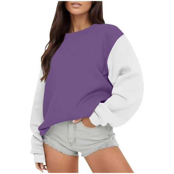 hotojiny Sweatshirts for Women Oversized Crewneck Fleece Pullover Color Block Long Sleeve Tops Comfy Fall Winter Fashion Outfits