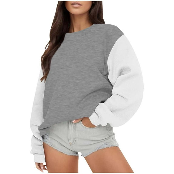 hotojiny Sweatshirts for Women Oversized Crewneck Fleece Pullover Color Block Long Sleeve Tops Comfy Fall Winter Fashion Outfits