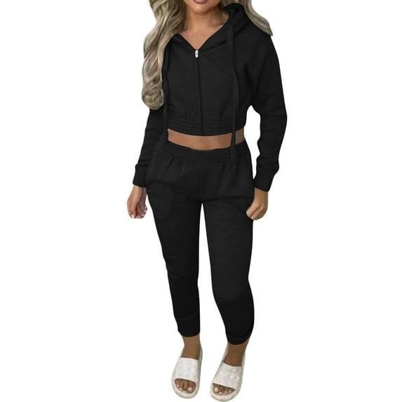 hotojiny Sweatsuit for Women 2 Piece Outfit Casual Long Sleeve Hoodies Zipper Crop Jacket and Long Pant Jogger Matching Tracksuit