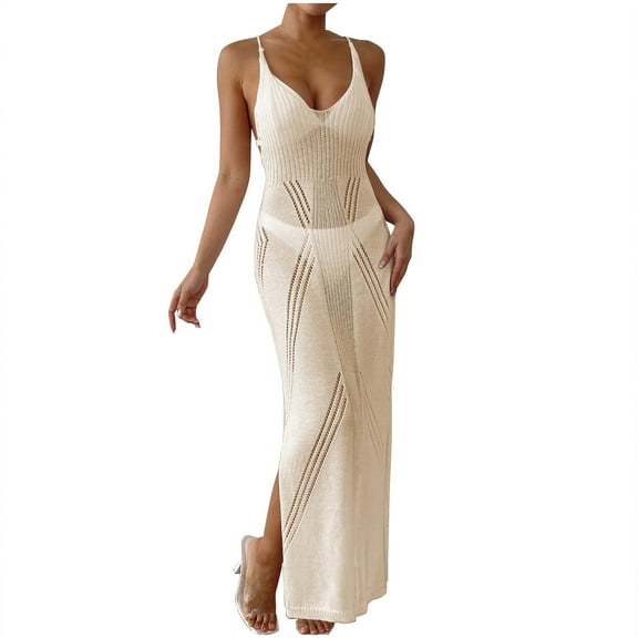 hotojiny Swimsuit Women Cover up High Split Bodycon Stretchy Dress Swimwear Bikini Cover up Cross Back See Through Knit Dress