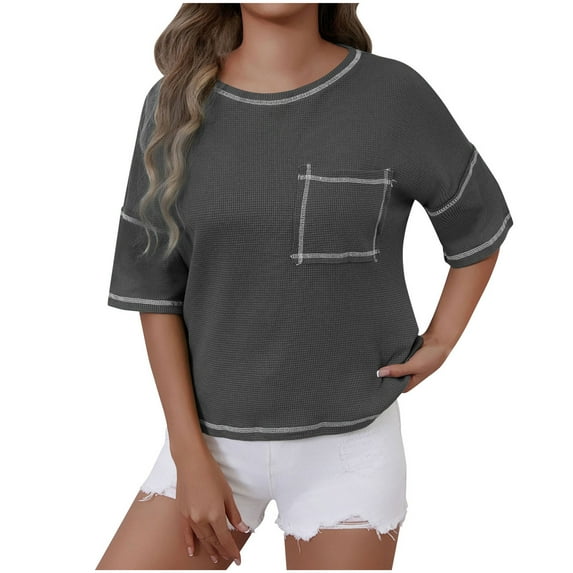 hotojiny T Shirts for Women Casual Crew Neck Color Block Tunic Tops Loose Half Sleeve Basic Summer Clothes with Pocket