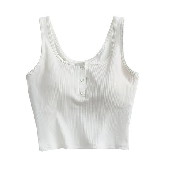 hotojiny Tank Tops for Women Summer Cute Sleeveless Henley Shirts Solid Cropped Basic Tees with Built in Bra Beach Vacation Clothes