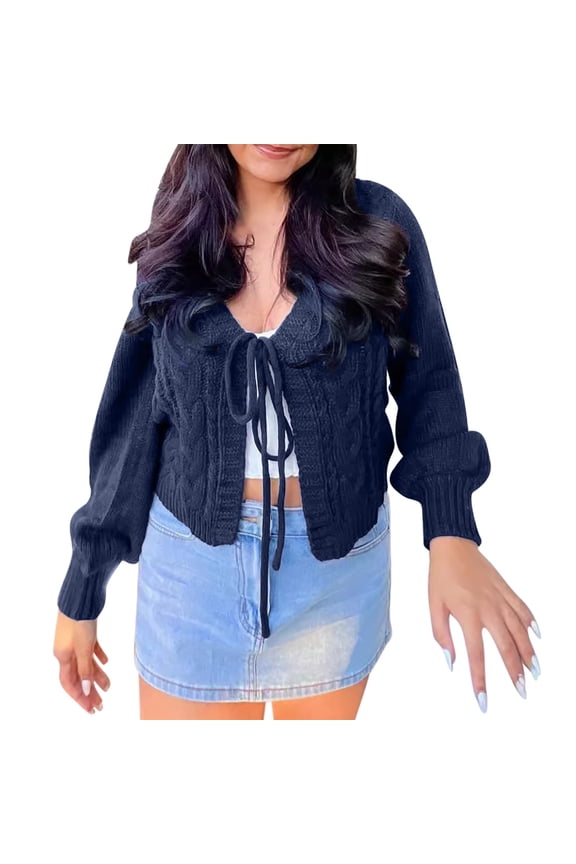 Tie Front Cardigan for Women Casual Open Front Cropped Sweater Fall Fashion Clothes Comfy Long Sleeve Outerwear