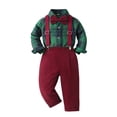 thumbnail image 1 of hotojiny Toddler Boys 3 Piece Plaid Outfit Long Sleeve Button down Shirt Adjustable Suspender Pants with Bow Tie Set Kids Christmas(Green,6-12 Months), 1 of 9