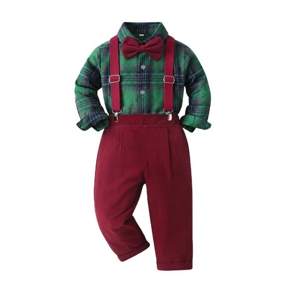 hotojiny Toddler Boys 3 Piece Plaid Outfit Long Sleeve Button down Shirt Adjustable Suspender Pants with Bow Tie Set Kids Christmas(Green,6-12 Months)