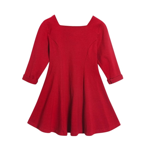 hotojiny Toddler Girl Fall Dress Little Kids Long Sleeve Solid Dresses Elegant Square Neck A-Line Dresses(Red,3-4 Years)