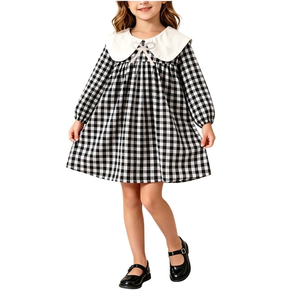 hotojiny Toddler Girls Gingham Dress Checkered Long Sleeve A-Line Plaid Dress Cute Crew Neck Collared Kids Flowy Dress(Black,4-5 Years)