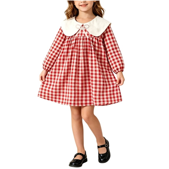 hotojiny Toddler Girls Gingham Dress Checkered Long Sleeve A-Line Plaid Dress Cute Crew Neck Collared Kids Flowy Dress(Red,7-8 Years)