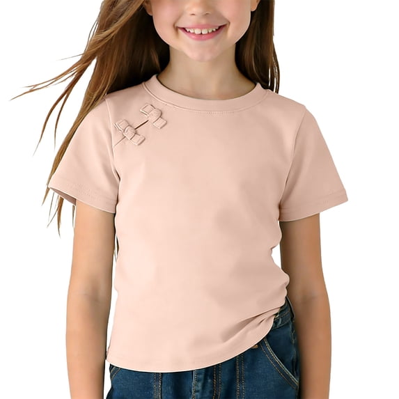 hotojiny Toddler Girls Short Sleeve Shirts Cotton Crewneck Top Kids Children Comfy Summer Tee Solid Color Basic T-Shirts 1-10 T