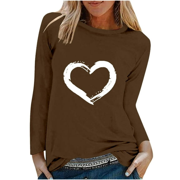 hotojiny Tops for Women Casual Round Neck Basic Shirt Fashion Long Sleeve Tees Print Trendy Blouse