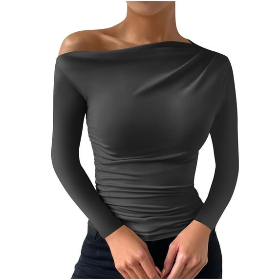 hotojiny Tops for Women Going out off Shoulder Long Sleeve Solid Color T-Shirt Slim Stretchy Shirt Fall