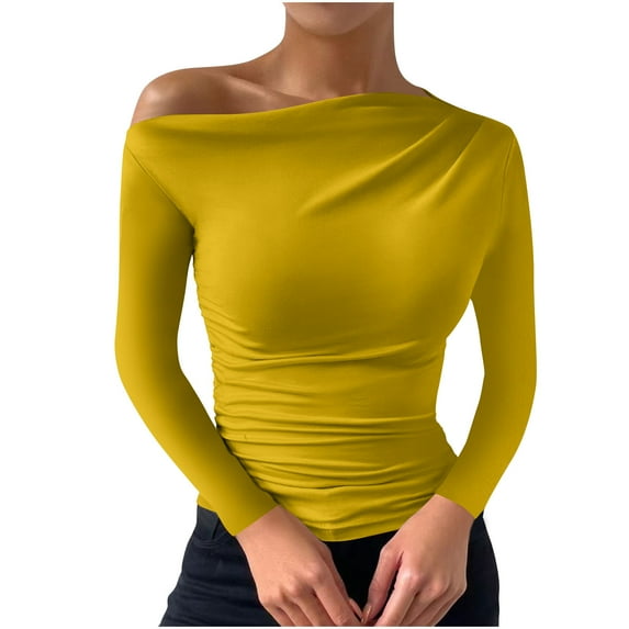 hotojiny Tops for Women Going out off Shoulder Long Sleeve Solid Color T-Shirt Slim Stretchy Shirt Fall