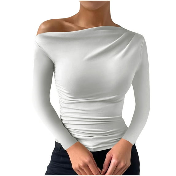 hotojiny Tops for Women Going out off Shoulder Long Sleeve Solid Color T-Shirt Slim Stretchy Shirt Fall