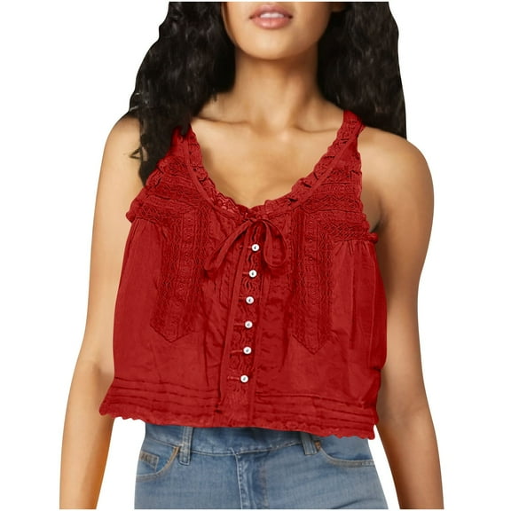hotojiny Tops for Women Trendy Cropped Tie Front Sleeveless Summer Shirt Lace Patchwork Button Sleeveless Going out Clothes
