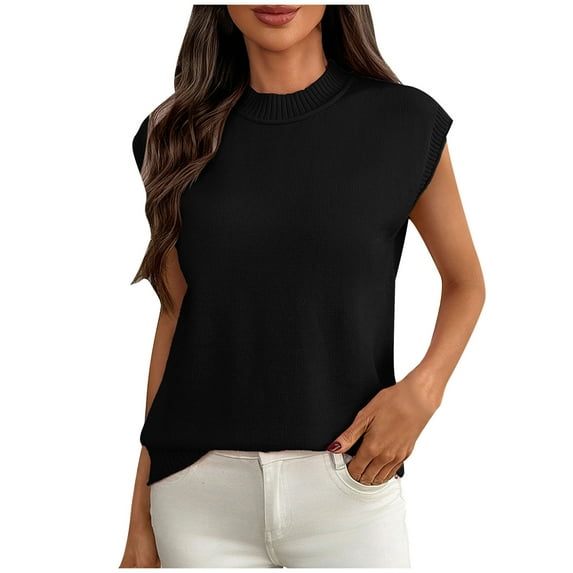 hotojiny Tops for Women Trendy Knit Crew Neck Sweater Vest Summer Casual Cap Short Sleeve Pullover Spring Clothes