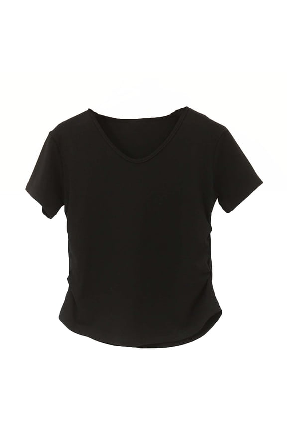 Tops for Women Trendy Ruched Short Sleeve Tshirts Fashion Solid Color Crew Neck Crop T Shirts with Side Shirring