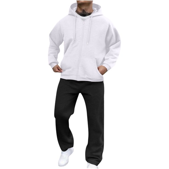 hotojiny Track Suits for Men 2 Piece Set Full Zip Jacket Workout Hooded Sweatshirt Casual Active Loose Fit Pants Matching Sweatsuit(White,X-Large)