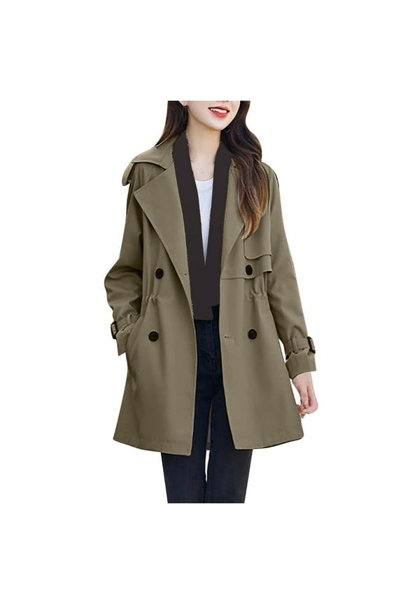 Trendy Coats for Womens Mid Length Laple Fashion Jackets Double Breasted Casual Long Sleeve Solid Color Outwear Loose with Pocket
