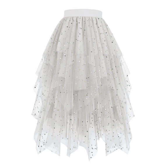 hotojiny Tulle Skirts for Women Fashion Sequins Midi Skirt for Dance A-Line Mesh Layered High Waist Skirts Party Outfit