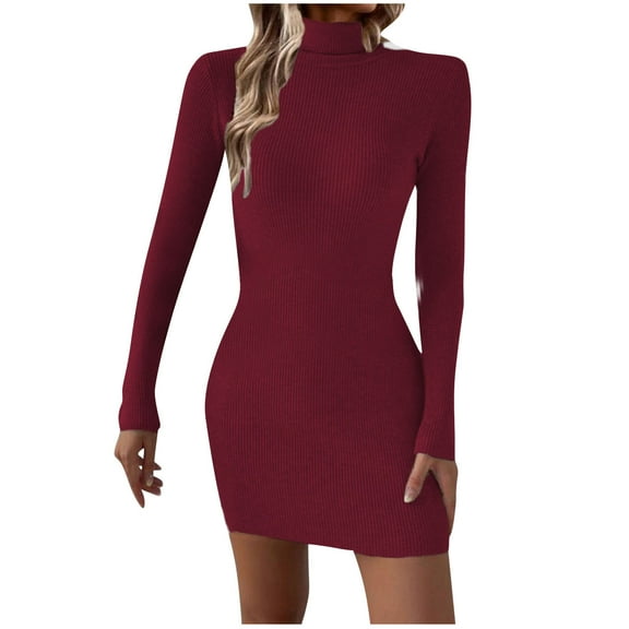 hotojiny Turtleneck Mini Sweater Dress for Women Long Sleeve Ribbed Knit Pullover Dresses Fall Slim Bodycon Dress without Belt