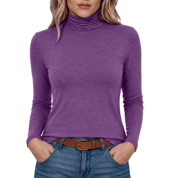 hotojiny Turtleneck Tops for Women Stretchy Long Sleeve Base Layer Fall Winter Warm Thermal Undershirt(Purple,Medium)