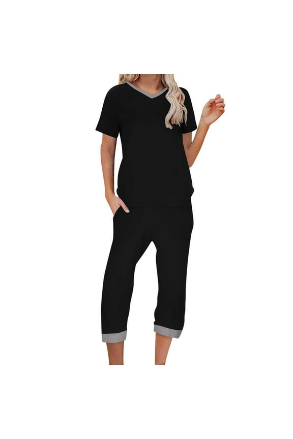 Two Piece Set for Women Lightweight Short Sleeve V Neck Tops and Capri Pants Lounge Matching Set Tracksuits
