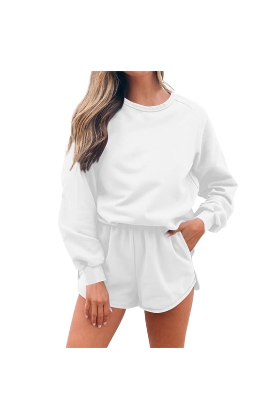 Two Piece Sets for Women Spring Outfits Sweatsuit Casual Long Sleeve Pullover with Sweat Shorts Sets Travel Tracksuit