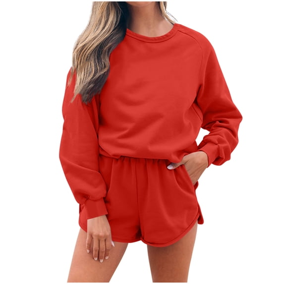 hotojiny Two Piece Sets for Women Spring Outfits Sweatsuit Casual Long Sleeve Pullover with Sweat Shorts Sets Travel Tracksuit