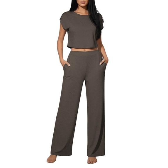 hotojiny Two Piece Sets for Women Summer Travel Vacation Outfits Cap Sleeve Cropped Tops Wide Leg Lounge Pants Matching Sets