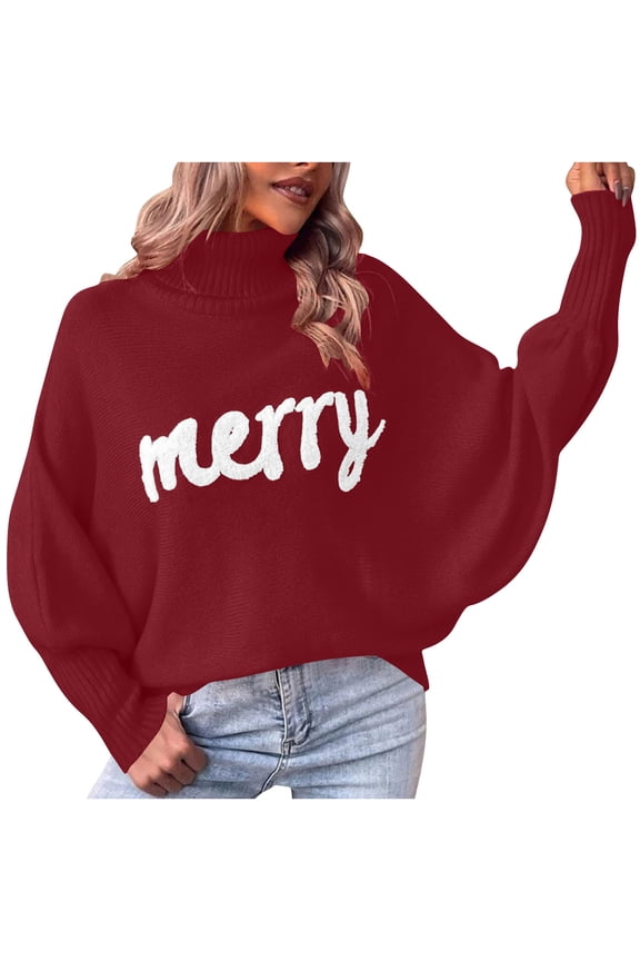 Ugly Sweaters for Women Merry Christmas Oversized Turtleneck Sweaters Long Sleeve Knit Pullover Tops Winter Streetwear